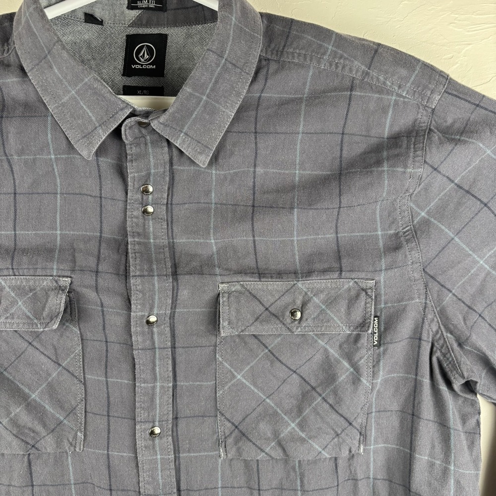 Volcom Mens‎ XL Button Up Shirt Slim Fit Gray Cotton Surf Skate Casual Beachwear - Picture 2 of 11